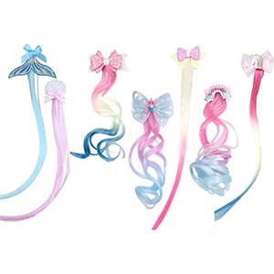 Little World Fermaglio Capelli Bambina, 7 Pezzi Coda Fermaglio Capelli Colorate, Lisci e Ricci Ragazza Parrucca Capelli Accessori, Extension Capelli Unicorno Principessa Fiocco Forcina, Parrucca Extension Festa