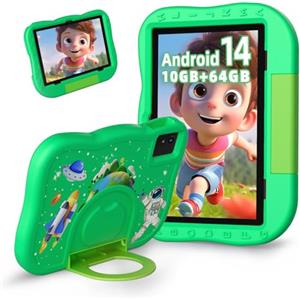 Rebecco Kids Tablet-Android 14, 10GB RAM+64GB ROM, Tablet da 10 Pollici per Bambini con custodia, Controllo Parentale, con Display Touchscreen HD, educazione per l'apprendimento con Tablet (Verde)