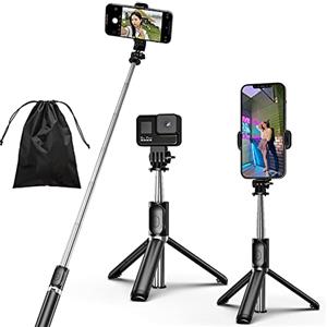 KOMI Selfie Stick - Treppiede per selfie 4 in 1 allungabile per telefono treppiede portatile con telecomando wireless staccabile compatibile con iPhone Samsung fotocamera Android (nero)