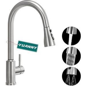 Yuanny Rubinetto da Cucina, YUANNY Rubinetto Cucina con Doccetta Estraibile, Girevole a 360 ° per Lavello da Cucina in Acciaio Inox 304 Miscelatore Monocomando per Lavello Cucina a 3 Modalità
