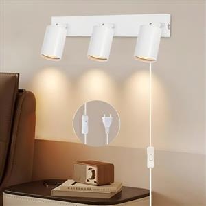 Kambo GU10 3 Luci Bianco applique da parete interno, Lampada a muro orientabile 350°, Faretto parete con Interruttore a filo, abat jour muro in alluminio adatta per camera letto, soggiorno, corridoio