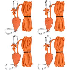 Daelesr 4 Pezzi Corda Riflettente per Tenda, 4mm Gancio a Cricchetto Regolabile, 5M Corda da Campeggio Leggera, Rope Ratchet Paracord Corda, Tent Guy Ropes con Tenditore per Escursioni All'aperto (Arancia)