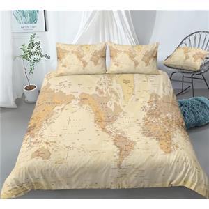 DEZEE Atlante Timbro Set Copripiumino Mappa Del Mondo Vintage Biancheria Da Letto Con Copripiumini Federe O Lenzuola (scegliere 4 PCS),Singolo,Matrimoniale,King (01,Matrimoniale-3 PCS-200 * 200cm)