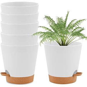 wintfarm Vaso per piante in plastica con sistema di irrigazione, set di 6 fioriere autoirriganti con piattino, rotondo per piante da giardino da interni e balconi (16,5 cm bianco)