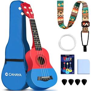 CAHAYA Ukulele Soprano da 21 Pollici: Ukulele in Tiglio con Custodia Portatile, Tracolla Regolabile Spartiti Corde di Ricambio Panno per la Pulizia e 4 Plettri, Adatto per Bambini, Rosso e Blu