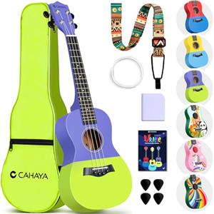 CAHAYA Ukulele Soprano da 23 Pollici: Ukulele in Tiglio con Custodia Portatile, Tracolla Regolabile Spartiti Corde di Ricambio Panno per la Pulizia e 4 Plettri, Adatto per Principianti, Viola e Verde