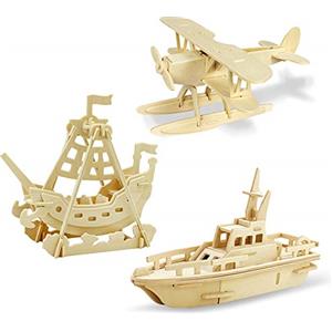 Georgie Porgy Puzzle in Legno 3D Collezione di Modelli Animali Traffico Confezione da 3 Kit per Costruzioni in Legno Kids Jigsaw Toy età 5+ (Idrovolante Nave Pirata Barca)