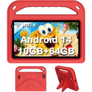 DMOAO Tablet Bambini 7 Pollici, Tablet Android 14 con 5G Wi-Fi 6, 10GB RAM+64GB ROM(TF 1TB), Controllo Parentale, Widevine L1, Octa-Core, 3500mAh, BT 5.0, per Bambini con EVA Caso, Rosso