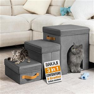 BAKAJI Scala Pieghevole 3in1 per Cani e Gatti in Velluto Olandese Grigio - Scaletta Ergonomica con Vano Contenitore e Cuccia Antiscivolo