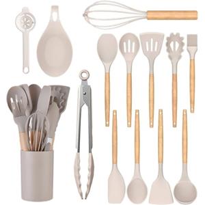feyiubmen - Set di 14 utensili da cucina, lavabile in lavastoviglie, in silicone, su misura con manico in legno, posate da cucina
