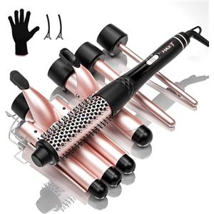 MAX-T Set Ferro Arricciacapelli Ferro Ondulato 5 in 1, MAX-T Ferri Arricciacapelli 3 Barilotti, Rivestimento in Ceramica, Regolazione Della Temperatura, Riscaldamento Rapido, con Guanto e 2 Clip