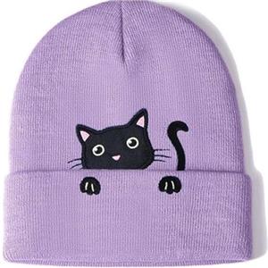 Kinretixia Cappello a maglia viola con motivo gatto, grazioso berretto per donne e ragazze, realizzato a mano, berretto invernale, berretto anime, unisex, accessori invernali ricamati, multicolore, L