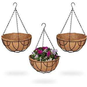Relaxdays Vasi Sospesi per Piante, Set 3 Portavasi in Fibra di Cocco e Ferro, HD 50x31 cm, Indoor&Outdoor, Nero Naturale