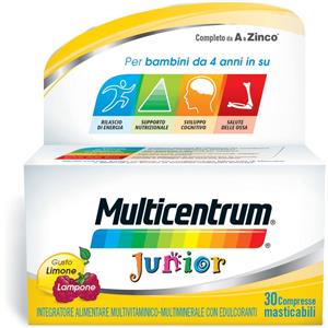 Multicentrum Junior - Integratore Multivitaminico e Multiminerale per Bambini dai 4 Anni, 30 Compresse Masticabili Gusto Limone e Lampone, Senza Glutine