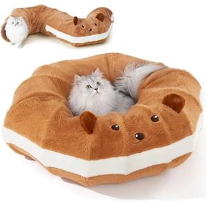 FUKUMARU Tunnel per Gatti,Cuccia Pieghevole XL Con Orecchie di Carta Increspata,Cuscino Lavabile,Tunnel Rotondo a Forma di Ciambelle per Animali Domestici,Giocattolo per Gattini e Conigli,