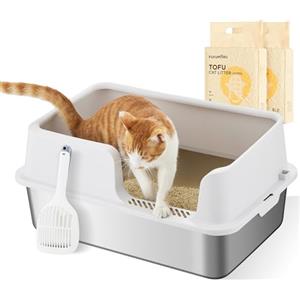 FUKUMARU Lettiera Gatto in Acciaio Inossidabile,Toilette per Gatti con 2 Pacchi di Tofu Lettiera e Paletta,Grande Vassoio per Lettiera in Metallo XXL,Facile da Pulire, Antispruzzo,Inodore
