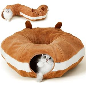 FUKUMARU Tunnel per Gatti,Cuccia Pieghevole Con Orecchie di Carta Increspata,Cuscino Lavabile,Tunnel Rotondo a Forma di Ciambelle per Animali Domestici,Giocattolo per Gattini e Conigli,Taglia L