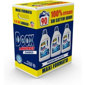 Deox - Detersivo Lavatrice Liquido Classico, 90 Lavaggi, Smacchia e Igienizza, con Formula Antiodore, 1500 ml x 3 Confezioni