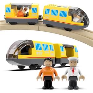 DxxD Trenino Elettrico per Bambini, Trenino Legno Giocattolo, Treno Intercity con Figure per Ferrovia, Locomotiva ad Azione a Batteria, Auto Giocattolo Compatibile con Thomas, Brio Età 3+ Anni, Giallo