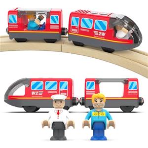 DxxD Trenino Elettrico per Bambini, Trenino Legno Giocattolo, Treno Intercity con Figure per Ferrovia, Locomotiva ad Azione a Batteria, Auto Giocattolo Compatibile con Thomas, Brio, Età 3+ Anni, Rosso