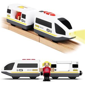 DxxD Trenino Elettrico per Bambini, Trenino Legno Giocattolo Bambini, Treno Intercity Suono e luce con Figure per Ferrovia, Locomotiva ad Azione a Batteria Compatibile con Thomas Brio, 3+ Anni, Bianco