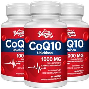 Yapila CoQ10 con L-Glutathione 1000mg Capsule(3 Pacchi)- Coenzima Q10 al 100% Fermentata, Coenzima Q10 ad alta Concentrazione, Coenzima Q10 Antiossidante, Senza Soia, Senza Glutine, Non-GMO, Vegano