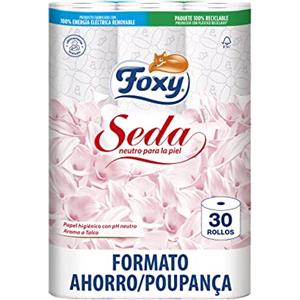 Foxy Seta | Carta igienica 30 rotoli | 173 servizi per ogni rotolo | Neutro per la pelle | Certificazione FSC | 100% Energia elettrica rinnovabile | Confezione riciclabile prodotta con plastica