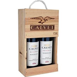 Calvet - Confezione regalo di 2 bottiglie di vino rosso Riserva, Bordeaux in cassa di legno (2 x 0,75 L)