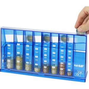 HMF Contamonete con smistamento automatico per conservare gli spiccioli, selezionatore di monete trasparente con scala valori come salvadanaio per bambini | 24 x 12 x 5 cm | Blu