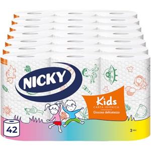Nicky Kids - 42 Rotoli di Carta Igienica per Bambini, 170 Soffici Fogli a 3 Veli, Quattro Simpatiche e Colorate Trame, Ogni Rotolo Racconta una Storia, Carta 100% Certificata FSC