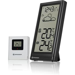 Bresser - Stazione meteorologica radio con sensore esterno Meteo Temp, termometro temperatura per interni ed esterni, previsioni del tempo, con supporto pieghevole e staffa da parete, nero
