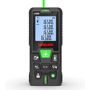 LASELION Metro Laser Professionale | Misuratore Laser Verde 50m Ideale per Uso Esterno | Cambio Unità m/in/ft, Livello a Bolla & Precisione ±1.6mm | Area/Volume/Pitagora, 100 Memorie - LG50