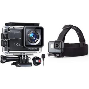WOLFANG Action Cam GA100 4K 30FPS, 20MP WiFi PC Camera, Fotocamera per Casco & Amazon Basics Fascia da testa per fotocamera/videocamera GoPro, Nero