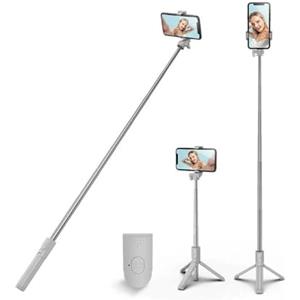 PINHEN Treppiede per selfie stick stabile con telecomando Bluetooth rimovibile, compatibile con iPhone 15 Pro Max/15 Plus/14/13, Samsung, LG, Google Smartphone (bianco)