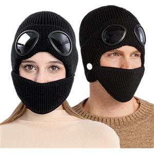 Bkrdty Berretti in Maglia Invernale Fodera in Morbido Pile Termico Antivento Cappello Invernali in Maglia con Occhiali Rimovibili e Maschera Antivento per Corsa Ciclismo Escursionismo