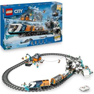 LEGO City Treno Espresso Artico degli Esploratori - Include un Treno Giocattolo Telecomandato con Spazzaneve, Gru, 30 Binari, 6 Minifigure e Funzione Caduta Massi - Regalo per Bambini da 7 Anni 60470