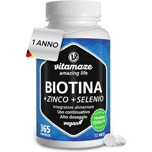 Vitamaze - amazing life Vitamaze® Biotina Capelli 365 Compresse (1 Anno) Selenio e Zinco, Crescita di Capelli, Pelle e Unghie Sani, Vitamina B7, Integratori per Capelli, Qualità Tedesca