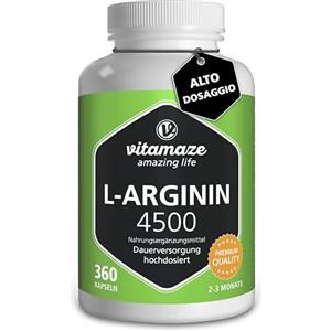 Vitamaze - amazing life Vitamaze® L-Arginina 4500 mg ad Alto Dosaggio, 360 Capsule di Pura L-Arginina HCL Polvere, Qualità Tedesca, Naturale Integratore Alimentare senza Additivi non Necessari