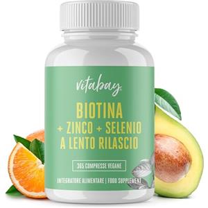 Vitabay Biotina 10.000 mcg - 365 Compresse di Vitamina B7 ad Alto Dosaggio, Vegane e a Lento Rilascio - Integratore Biotina Con Zinco Bisglicinato (10 mg) e Selenio (110 mcg) - Testato in Laboratorio