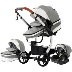 NADDLILY Pelle PU Passeggino Trio, Passeggino 3 in 1 con Spinta Reversibile a Due Vie, Trio Neonati con Accessori, Carrozzina per Neonati con Design Portatile Pieghevole Un Clic (518 Grey)