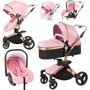 NADDLILY Pelle PU Passeggino Trio, Passeggino 3 in 1 con Sedile Regolabile Rotante 360°, Trio Neonati con Accessori, Carrozzina Neonati con Design Portatile Pieghevole Un Clic (906 Pink)