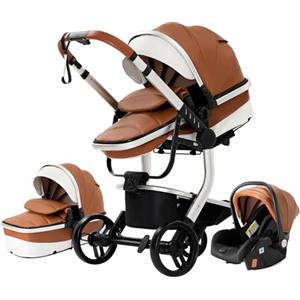 NADDLILY Pelle PU Passeggino Trio, Passeggino 3 in 1 con Spinta Reversibile a Due Vie, Trio Passeggino Neonati con Accessori, Carrozzina per Neonati con Design Portatile Pieghevole Un Clic (518 Khaki)
