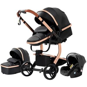 NADDLILY Pelle PU Passeggino Trio, Passeggino 3 in 1 con Spinta Reversibile a Due Vie, Trio Neonati con Accessori, Carrozzina per Neonati con Design Portatile Pieghevole Un Clic (518 Black)