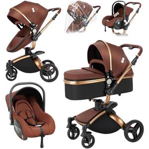 NADDLILY Pelle PU Passeggino Trio, Passeggino 3 in 1 con Sedile Regolabile Rotante 360°, Trio Neonati con Accessori, Carrozzina Neonati con Design Portatile Pieghevole Un Clic (906 Brown)