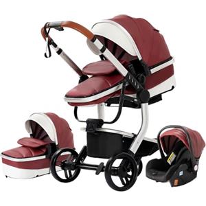 NADDLILY Pelle PU Passeggino Trio, Passeggino 3 in 1 con Spinta Reversibile a Due Vie, Trio Passeggino Neonati con Accessori, Carrozzina per Neonati con Design Portatile Pieghevole Un Clic (518 Red)