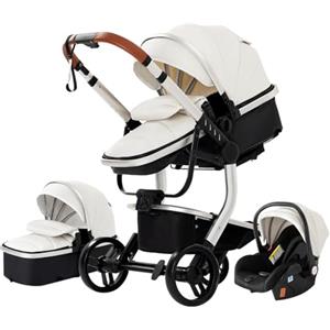 NADDLILY Pelle PU Passeggino Trio, Passeggino 3 in 1 con Spinta Reversibile a Due Vie, Carrozzina per Neonati con Design Portatile Pieghevole, Trio Passeggino Neonati con Accessori (518 White)