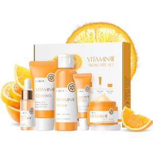 LAIKOU Set per la Cura Della Pelle Alla Vitamina C 5 Pezzi, con vitamina C Crema, Detergente Viso, Crema Occhi, Siero, Tonico Viso Idratante, Regalo per Adolescenti Ragazze Uomini