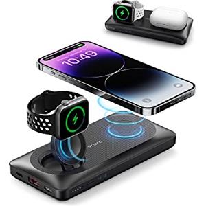 VRURC Power Bank Wireless, 10000mAh Power bank Magnetico, Caricatore Portatile Ricarica Rapida, 3 IN 1 USB C PowerBank, 4 Uscite e 3 ingressi Compatibile con iPhone, iWatch, Airpods - Nero