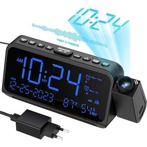 ROCAM Sveglia con Proiettore Radiosveglia Digitale da Comodino 270°, 12/24H Display con Dimmer Snooze modalità Weekend Grandi Numeri Temperatura Data, Sveglie FM Radio 2 e Cavo USB, Batteria Backup