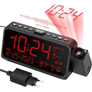 ROCAM Sveglia con proiezione camera da letto, orologio proiezione con 5 dimmer, luce notturna, modalità fine settimana/giorno della settimana, tipo C/caricatore USB, 12/24H/DST, Snooze, batteria di backup